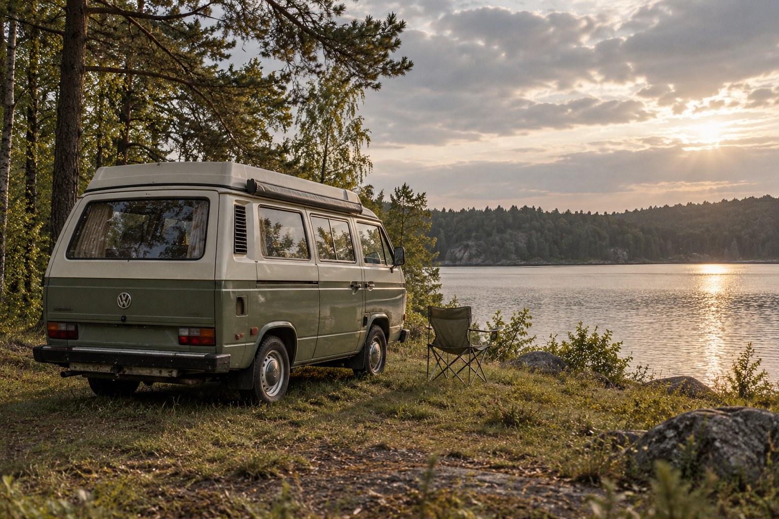 Ein klassischer Campingbus an einem ruhigen See, als beispielhaftes Reisemotiv.